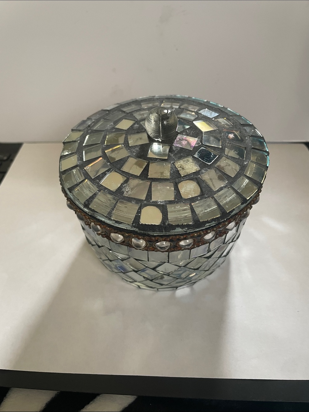 Iridescent Mosaic Glass Jewelry Trinket Box with Lid - Multi-color/Silver